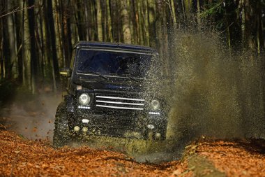 Aşırı, meydan okuma ve 4 x 4 araç konsepti. SUV veya offroad araba ile kaplı yolda su birikintisi kirli su sıçrama ile geçiş çıkar. Doğa arka plan üzerinde sonbahar orman Offroad yarış yarış araba düşmek