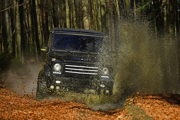 Extreme, challenge and 4x4 vehicle concept. SUV or offroad car on path covered with leaves crossing puddle with dirty water splash. Car racing in autumn forest Offroad race on fall nature background — Stock Photo, Image