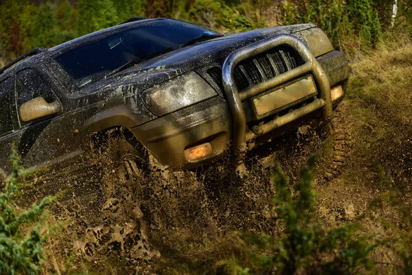 Car with strong chassis and the wheel axle crossing puddle with dirt splash. Automobile racing, car wash and off road vehicle concept SUV takes part in racing on fall nature background — Stock Photo, Image