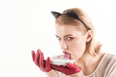 Diyet ve sağlık. Seksi kedi kadın yalamak süt plaka. Yiyecek ve içecek. Kedi kadın ye ekşi krema. Yavru kedi kulakları ve kırmızı üzerine beyaz izole yoğurt eldivenlerle kız. Ekoloji ürün ve heath.