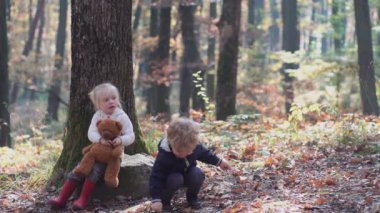 Mutlu küçük çocuk, küçük kız gülerek ve oynayarak sonbaharda doğa yürüyüşünde