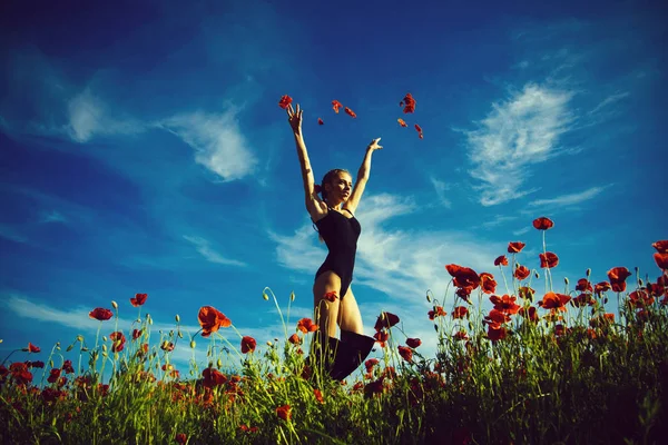 Schönheitsmodenporträt. hübsches Mädchen im Blumenfeld aus Mohn — Stockfoto