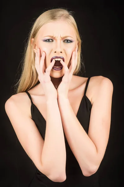 Hairdresser and beauty salon. hairdresser for sexy emotional strange woman with long hair. — Stock Photo, Image