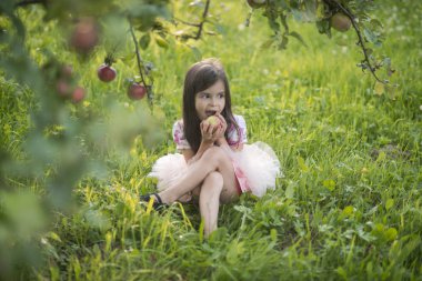 Şirin bebek kız yeme elma büyük ağacın altında