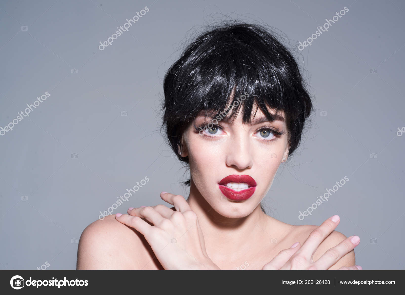 Beautiful Woman With Stylish Make Up Big Green Eyes Short Glossy