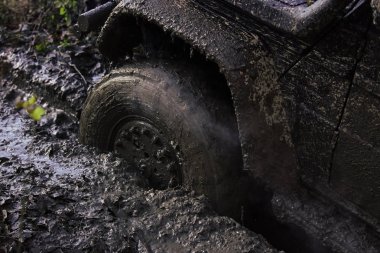 Offroad. Tekerlek ile küçük bulut duman, defocused.