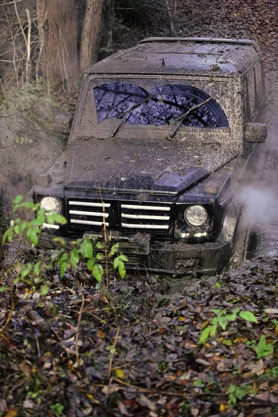 オフロード。泥の大きい水たまり走行車 — ストック写真
