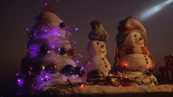 Рождественская елка для снеговиков, декоративные игрушки. Игрушки в снегу. Рождественские подарки от Санты. Снеговики ждут Санту и празднуют Рождество в горах. Новогоднее настроение. С Новым годом и Рождеством! . — стоковое видео