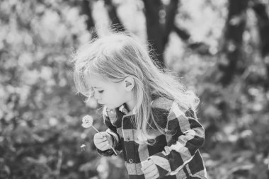 Çocuk yaz sahiptir. Açık ekose gömlekli uzun sarı saçlı çocuk