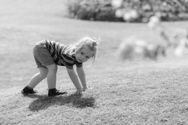 Kind spielt. niedlicher kleiner Junge spielt auf grünem Gras — Stockfoto