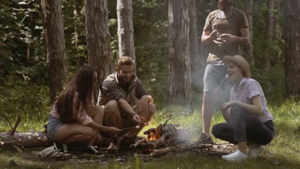 Amigos asando malvavisco dulce en un fuego por la noche en el bosque. Amigos felices disfrutando de la hoguera en la naturaleza. grupo de amigos asando malvaviscos en fogata — Vídeos de Stock