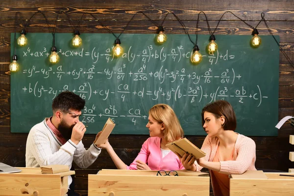 Teamwork at education centre. Friendship. Friends make decision and solve problem. Group lesson courses and exam. Collaboration Back to school with tutor. New technology in modern school. — Stock Photo, Image