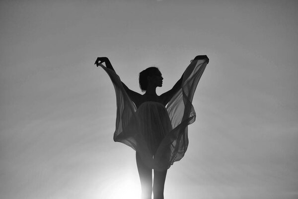 Womens tenderness. Silhouette of slim girl young woman female model dances in transparent windy dress on nature over beautiful sunset