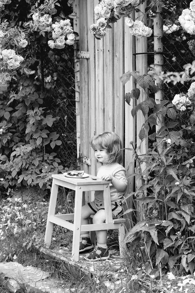 Child eats on the nature. small boy eating near rose bush — Stock Photo, Image
