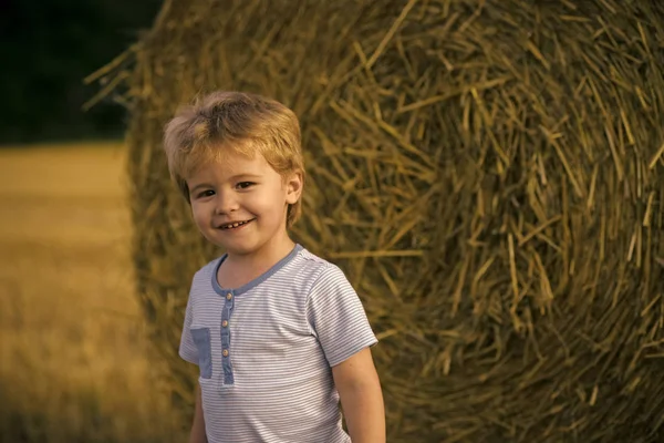 Niño en la granja. Juego de niños en la granja o el campo de rancho, vacaciones — Foto de Stock