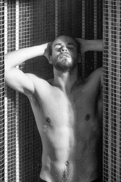 Adam bir spa rahatlatıcı. Kas ıslak yakışıklı duş su altında