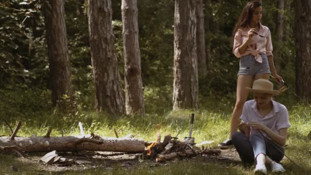 Dwie młode dziewczyny dziewczyny pieczenia słodki Zefir na ogień wieczorem w lesie. Grupa przyjaciół, camping — Wideo stockowe