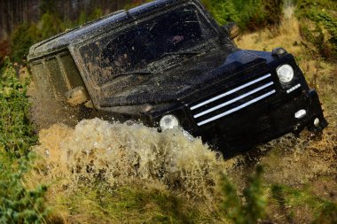 Yol araç veya kir sıçrama ile Suv geçiş su birikintisi. Rekabet, enerji ve motor sporları konsept. Sonbahar ormanda yarış araba. Otomatik Sonbahar Doğa arka plan üzerinde yarış