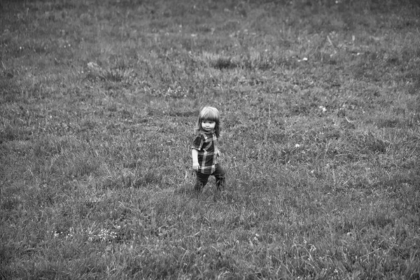 Bambini enyoj giorno felice. piccolo ragazzo su erba verde — Foto Stock