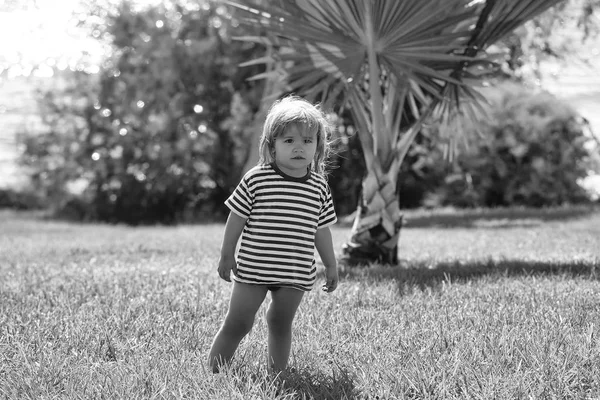 Bonito menino em tshirt listrada caminha na grama verde — Fotografia de Stock