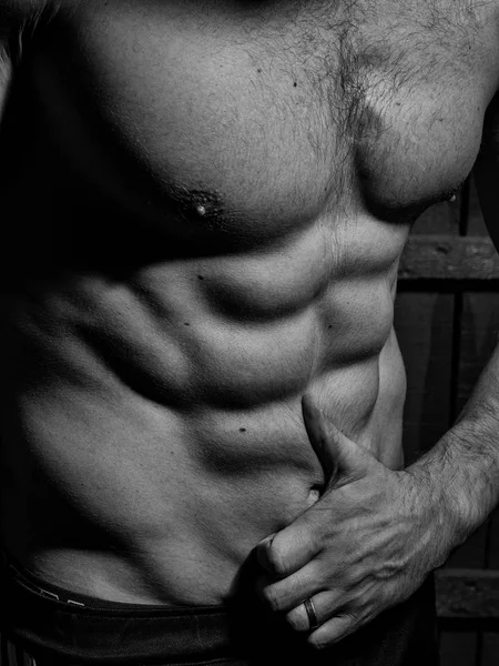 Aufgeblasene Männerpresse. muskulöser männlicher Oberkörper — Stockfoto