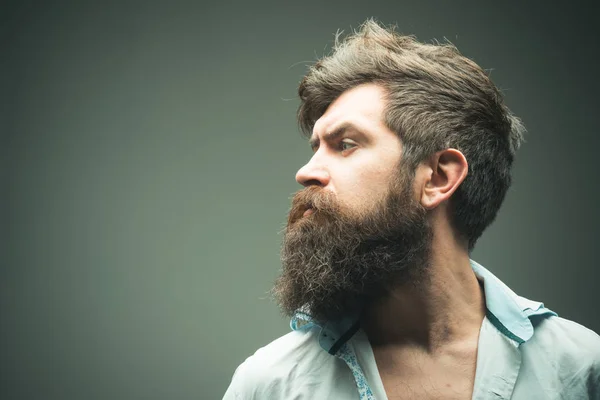 Hombre brutal barbudo hipster vista lateral, espacio de copia. Cómo te crece la barba. Maneras de optimizar el vello facial. El aseo de la barba nunca ha sido tan fácil. Trucos de cuidado de la barba mantendrá el vello facial luciendo resplandeciente — Foto de Stock