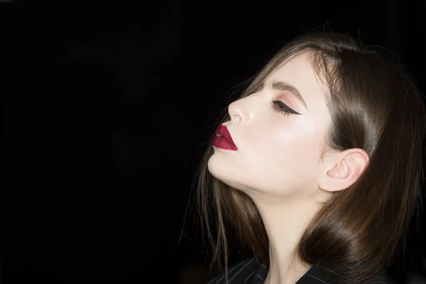 Make Concept Vrouw Met Rode Lippen Make Meisje Met Perfecte — Stockfoto
