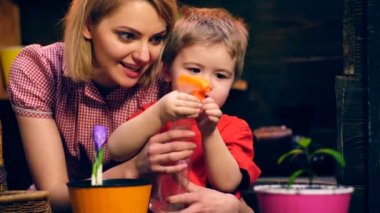 Anne ve oğlu sadece yerleştirilmiş çiçekler sulanıyor. Bahçe kavramı.