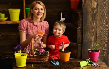 Kavram sulama. Anne ve oğlu sulama tabancası birlikte tutun. Küçük çocuk sulama bahar çiçek anne ile. El ile bitki sulama