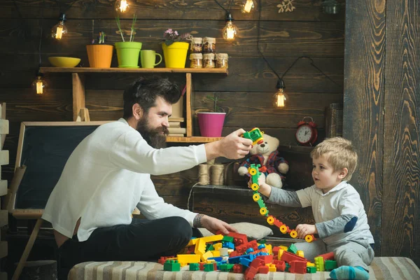 Fathers day concept. Father and baby son play with toys on fathers day. I have fathers day everyday. Happy fathers day. My dad is my best mate — Stock Photo, Image