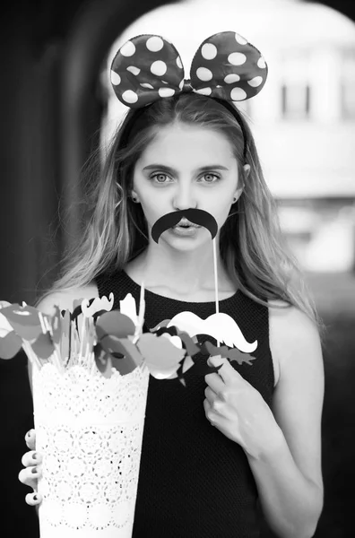 Funny pretty girl with cute mouse ears and black moustache — Stock Photo, Image