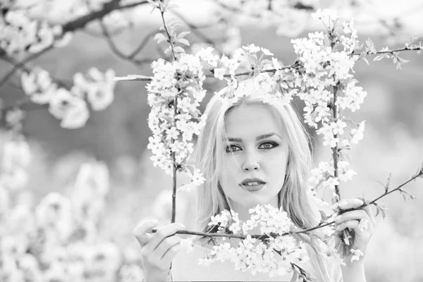 春天的花朵，在樱桃园与年轻漂亮的女孩 — 图库照片