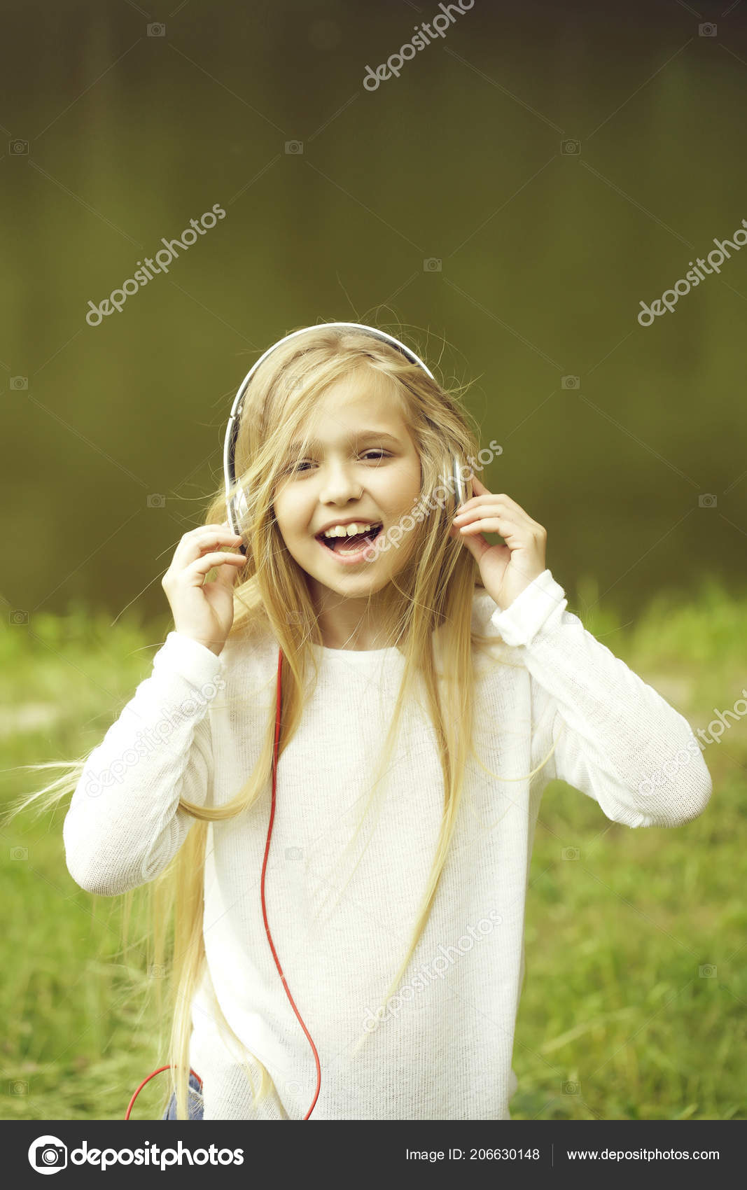 Small Girl Kid Long Blonde Hair Pretty Smiling Happy Face Stock