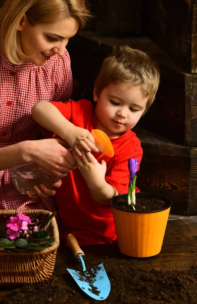 Концепция полива. Маленький ребенок поливает весенний цветок с матерью. Мать и сын держат поливальную пушку вместе. Полив растений вручную — стоковое фото