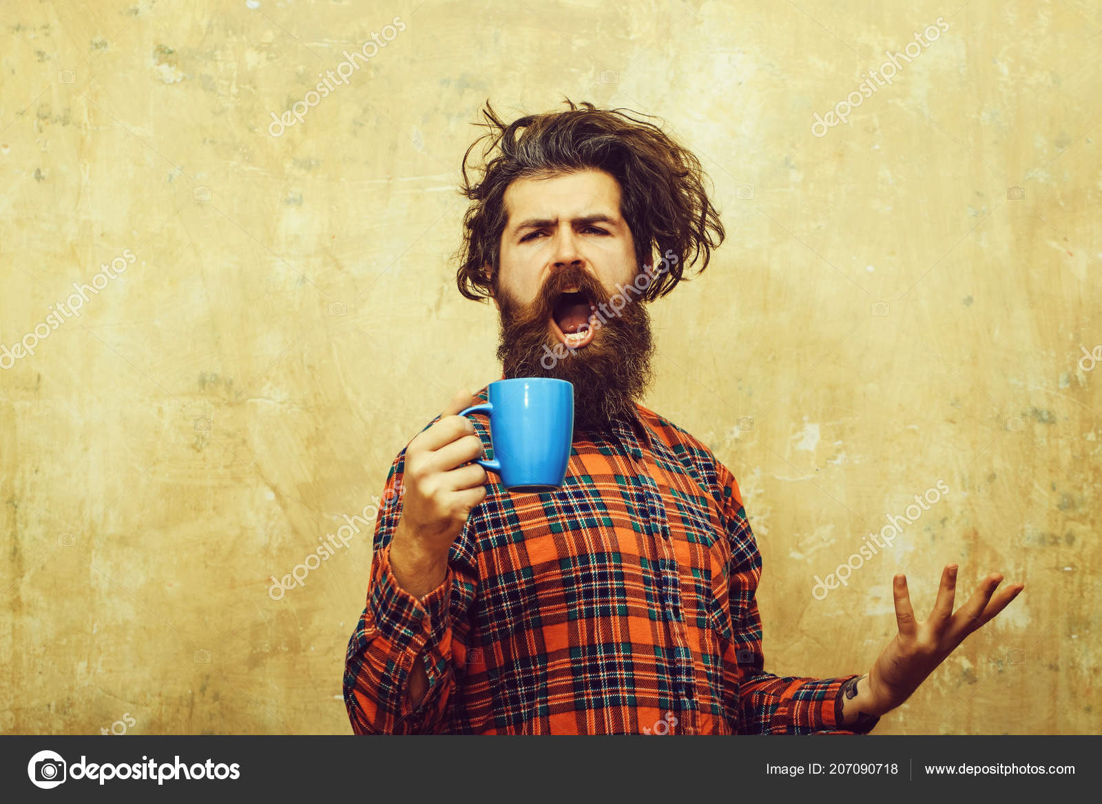 Singing Bearded Man Pulling Stylish Fringe Hair With Blue Cup
