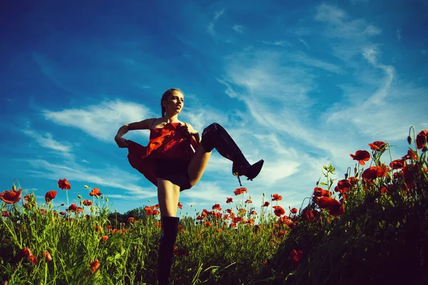 Bella ragazza in posa nel campo di fiori di semi di papavero — Foto Stock