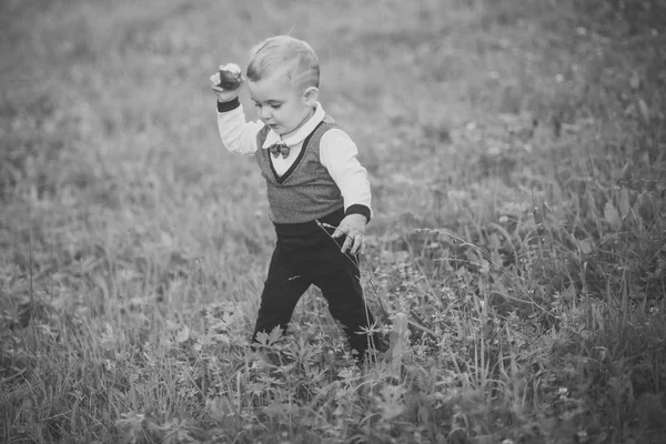 Liten pojke äter äpple på grönt gräs, mat — Stockfoto