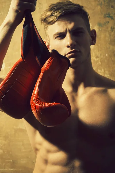 Luvas de boxe na mão forte do homem — Fotografia de Stock