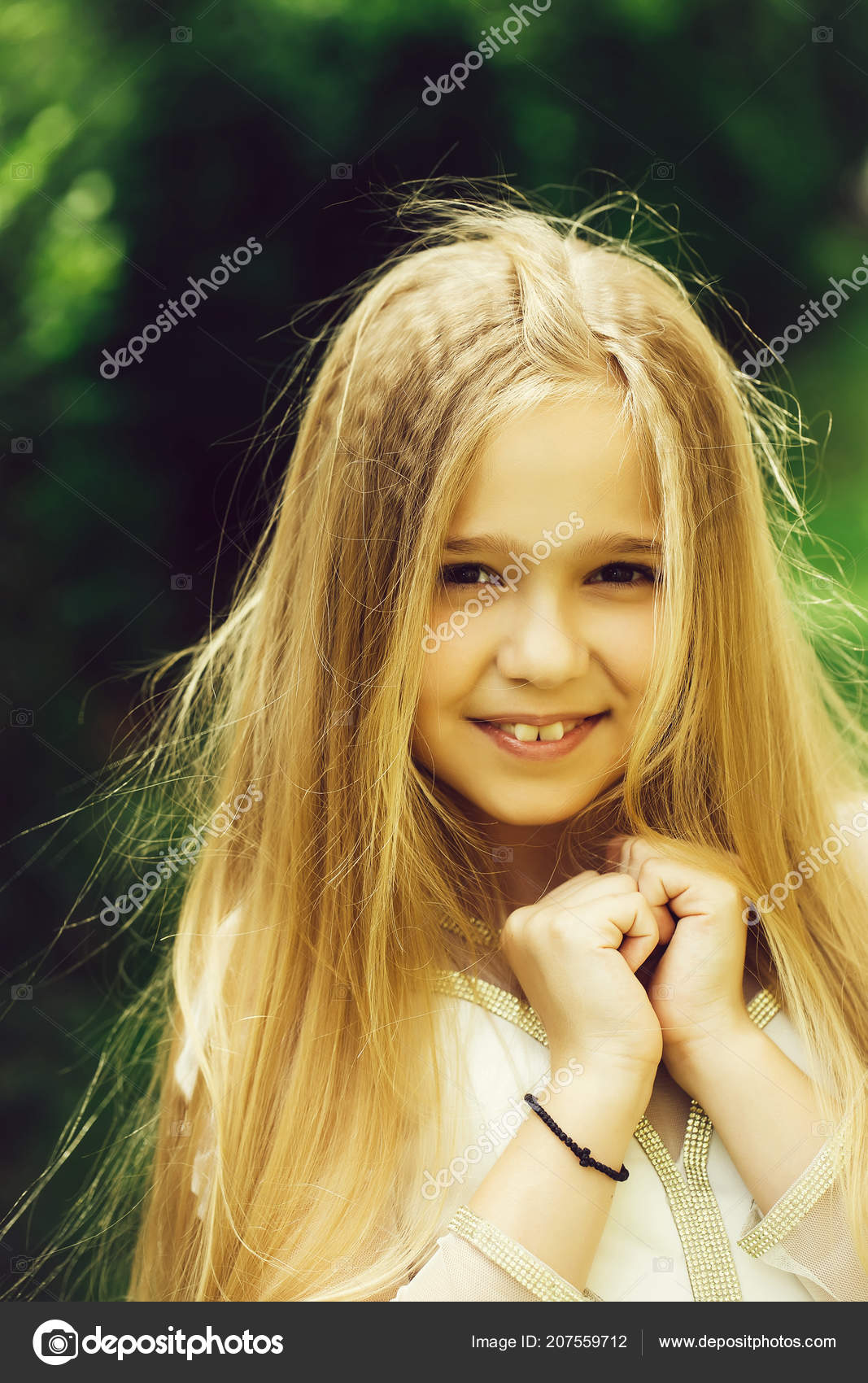 Small Girl In White Dress Outdoor Wedding Stock Photo