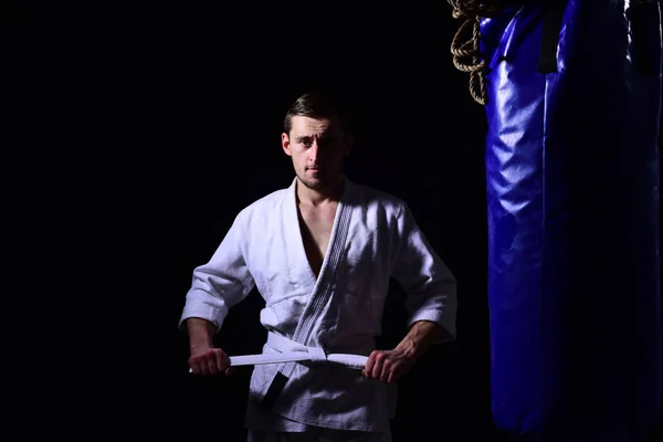 Sportsman concept. Sportsman in white kimono. Sportsman ready to karate training. Sportsman in boxing gym. Train do not complain — Stock Photo, Image