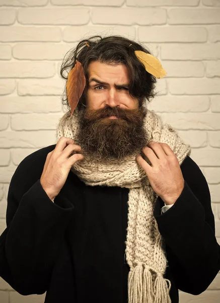 Hombre hipster en otoño hojas en bufanda . — Foto de Stock