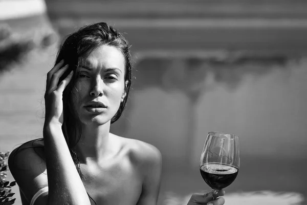 Sexy pretty girl drinking red wine — Stock Photo, Image