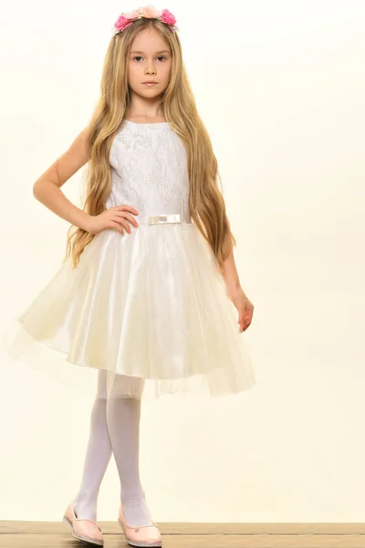 Kis hercegnő. kis hercegnő gyönyörű ruha. kis hercegnő elszigetelt fehér. kis hercegnő, hosszú hullámos haj. Hűvös lány. — Stock Fotó
