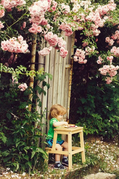 small boy eating near rose bush