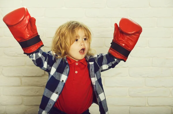 champion or happy small boy in red boxing gloves, winning