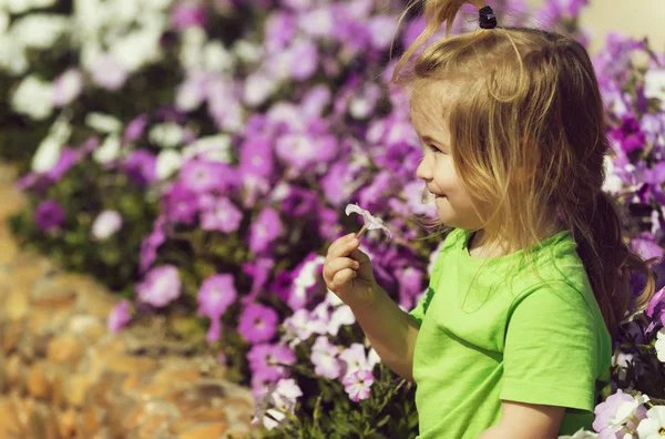 Cute happy baby boy playing at flowerbed with blossoming flowers — Stock Photo, Image