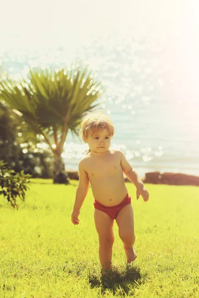 Söt baby pojke går på grönt gräs — Stockfoto