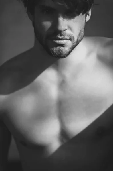 Bonito homem com barba ou sexy muscular macho — Fotografia de Stock