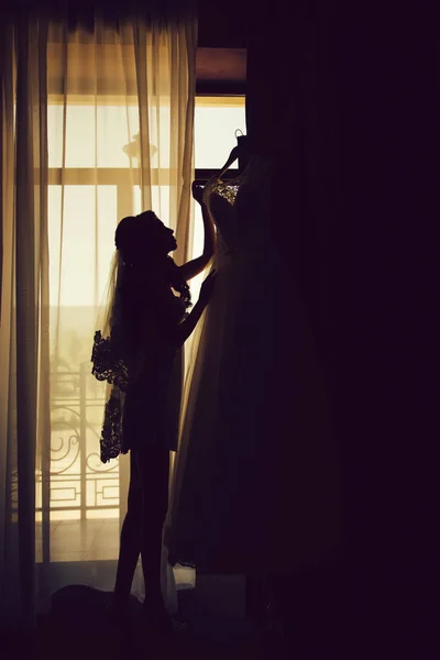 Braut Silhouette mit langen brünetten Haaren. — Stockfoto