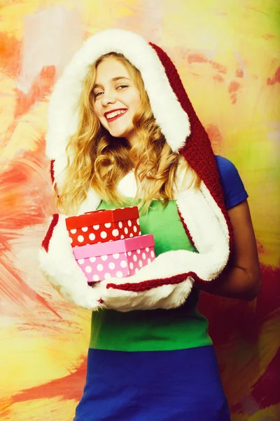 Happy Pretty Girl Cute Woman Blond Curly Hair Red Santa — Stock Photo, Image